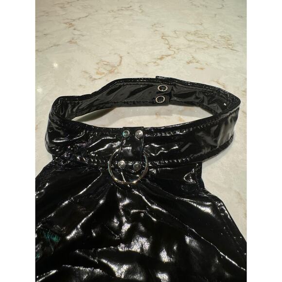 Iefiel Shiny Black Wet Latex Look Scoop Neck Stretchy Metallic Halter Top Sz S - Picture 7 of 10